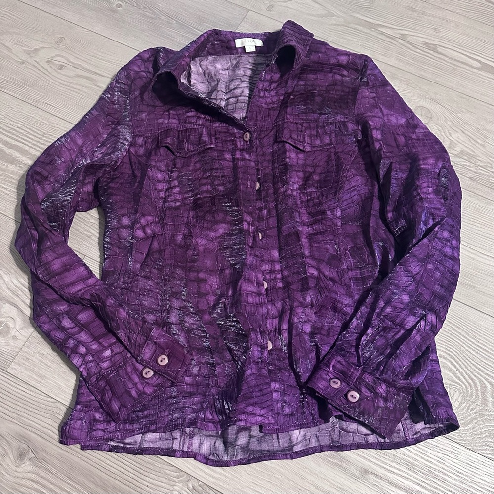 Vintage Y2K Erin purple geometric collared long sleeve button up top, Size L